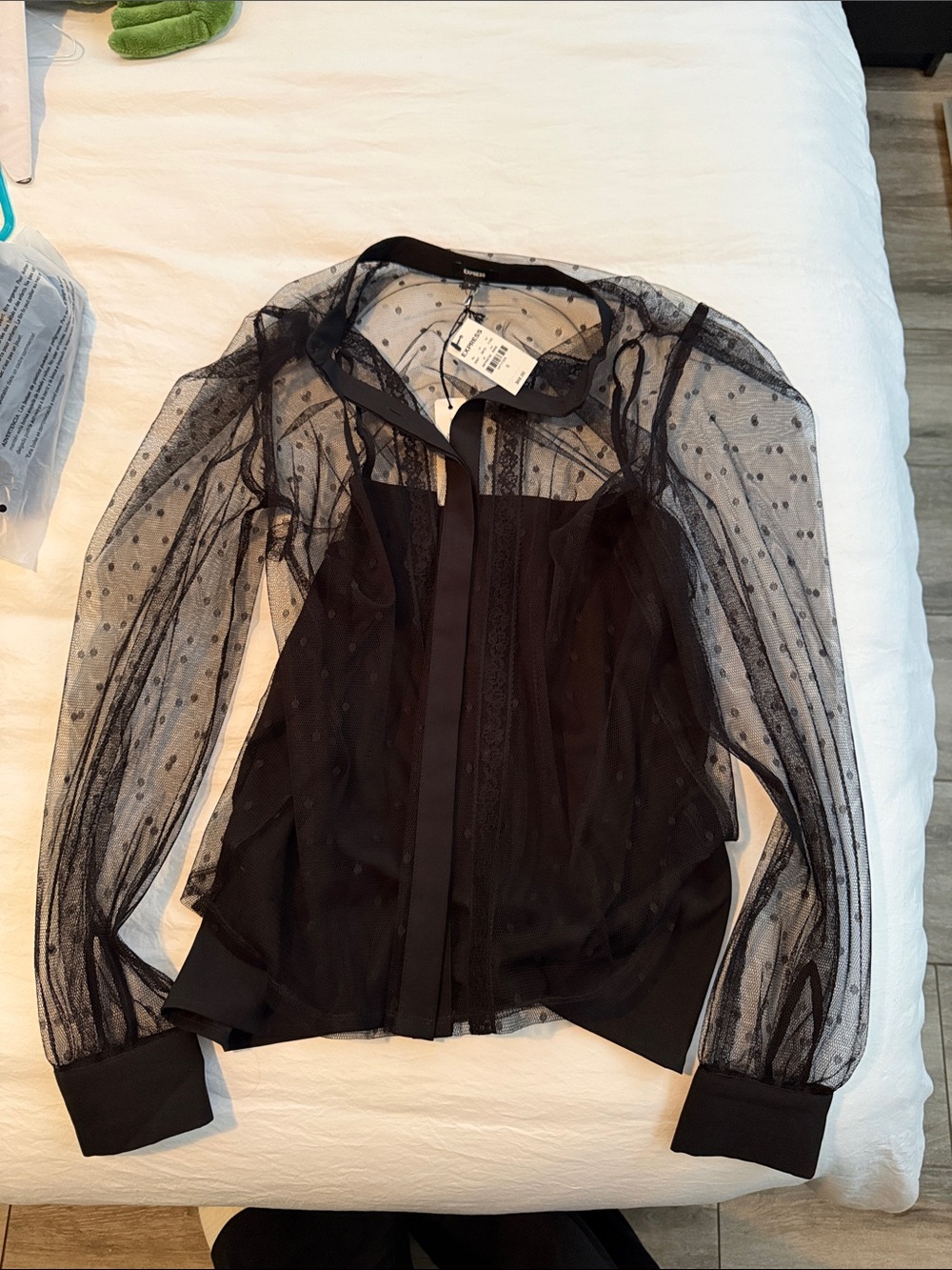 Express Black Sheer Polka Dot Mesh Blouse with Cuffs